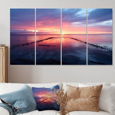 «Pink and Blue Pier» Horizon Sunset IV - Coastal Pier, ensemble d'art mural 4 pièces