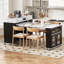 Table de salle à manger extensible avec plateau pliable extra-long, îlot de cuisine roulant avec tiroirs, prise de courant et verrou de frein, armoire de rangement pour la cuisine et la salle à manger (noir et blanc marbré)-726539713-726539743