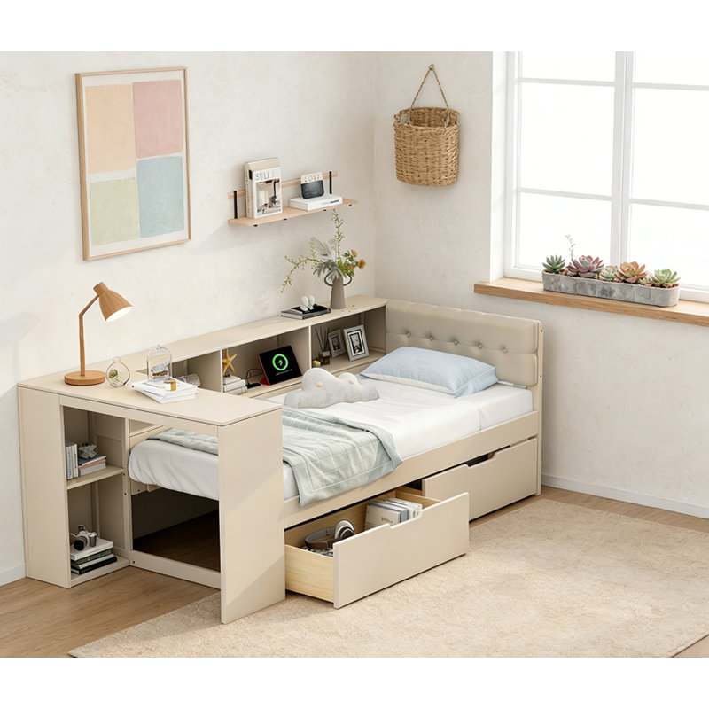 Lit plateforme en bois avec tablettes de rangement et tiroirs, Double, Crème