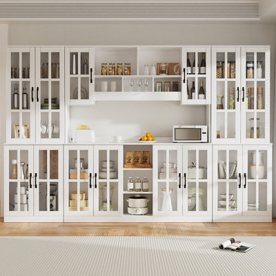 106.3"W x 71"H Large Kitchen Hutch Cabinet, Storage Cupboard Pantry With Glass Doors & Microwave Shelf