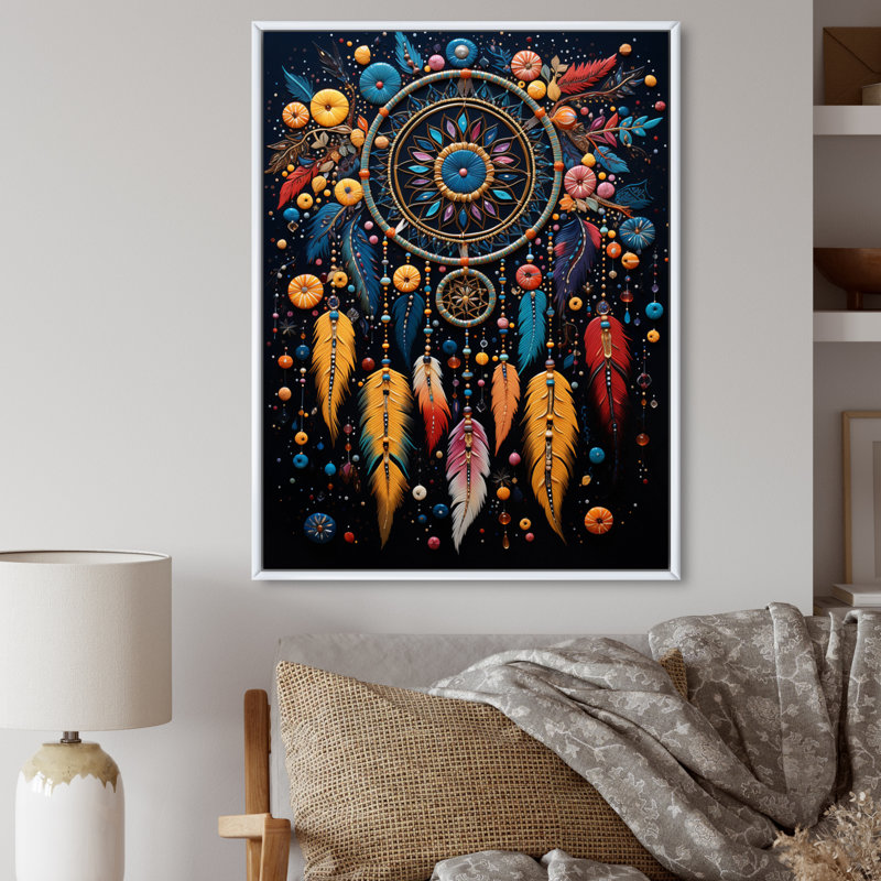 «Teal Dream Catcher Folklore Whispers II», reproduction sur toile, Cadre flottant blanc, H 40 po x l 30 po x P 1,5 po