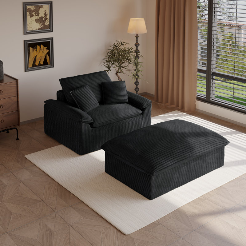 Chaise longue rembourrée avec repose-pieds Corduroy, Noir