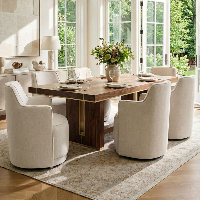 19" Upholstered Fabric Fully Assembled Swivel Dining Armchair, Beige
