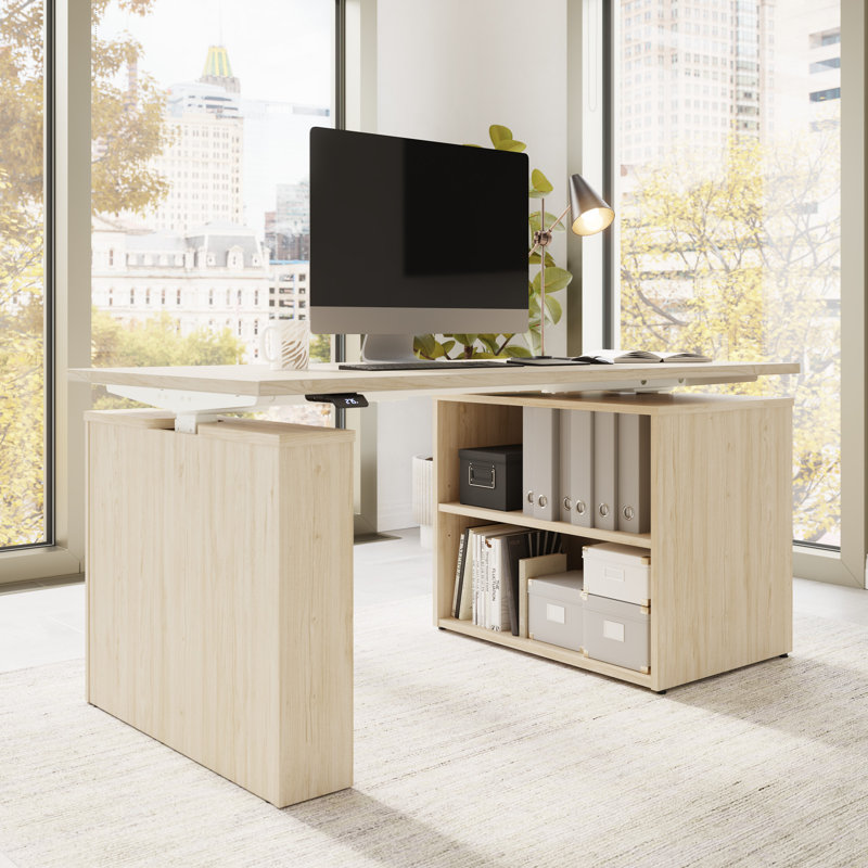 Bureau debout à hauteur ajustable électrique avec bibliothèque Bush, Orme naturel