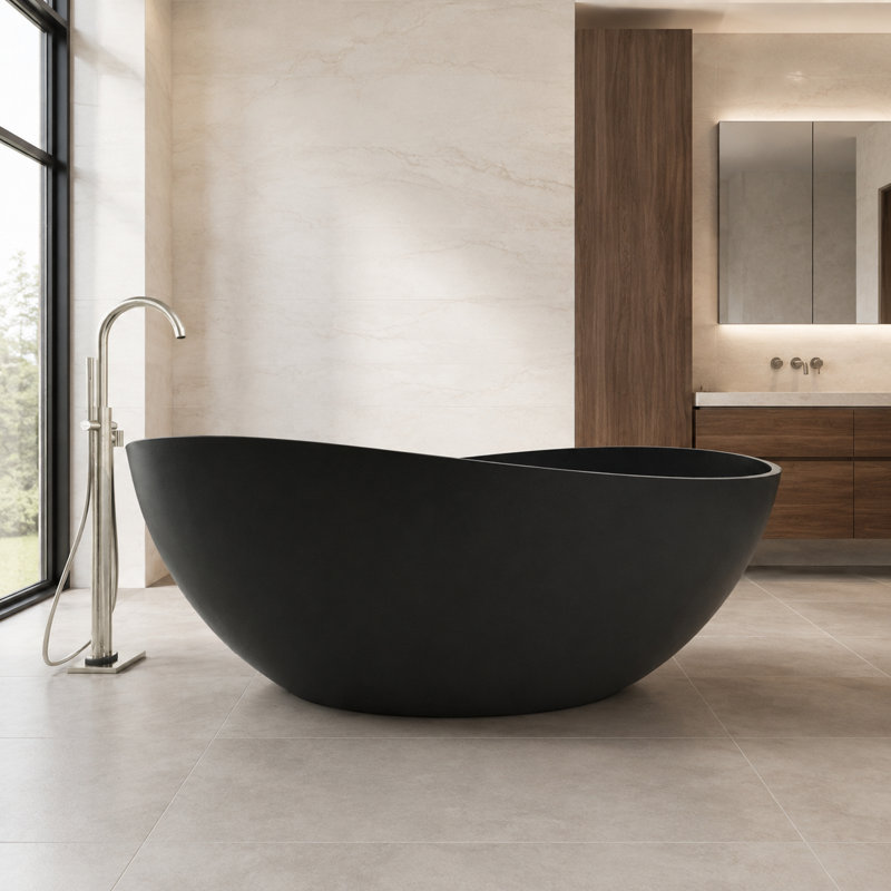 63"freestanding Soaking Stone Bathtub Solid Surface Tub With Irregular Shape, Matte Black