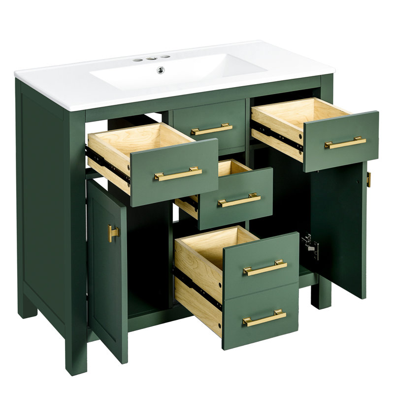 Meuble-lavabo de 36 pouces avec finition, lavabo en céramique, 2 armoires de rangement, 4 tiroirs, meuble-lavabo moderne, lavabo, armoires, trop-plein pré-percé, quincaillerie, installation facile
