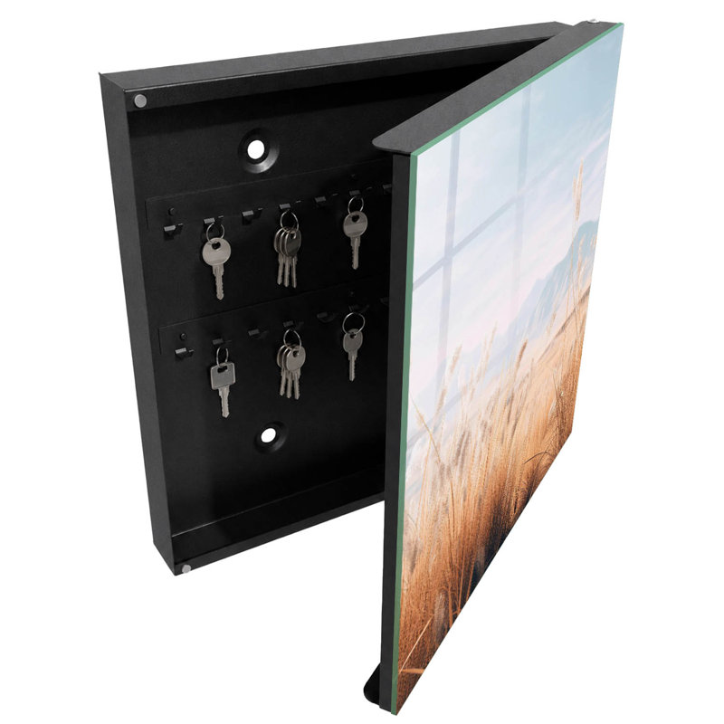 Key cabinet for wall, Opens to the left, 30x30x5, Black, Delicate grasses and mountains in pastel colors, 
