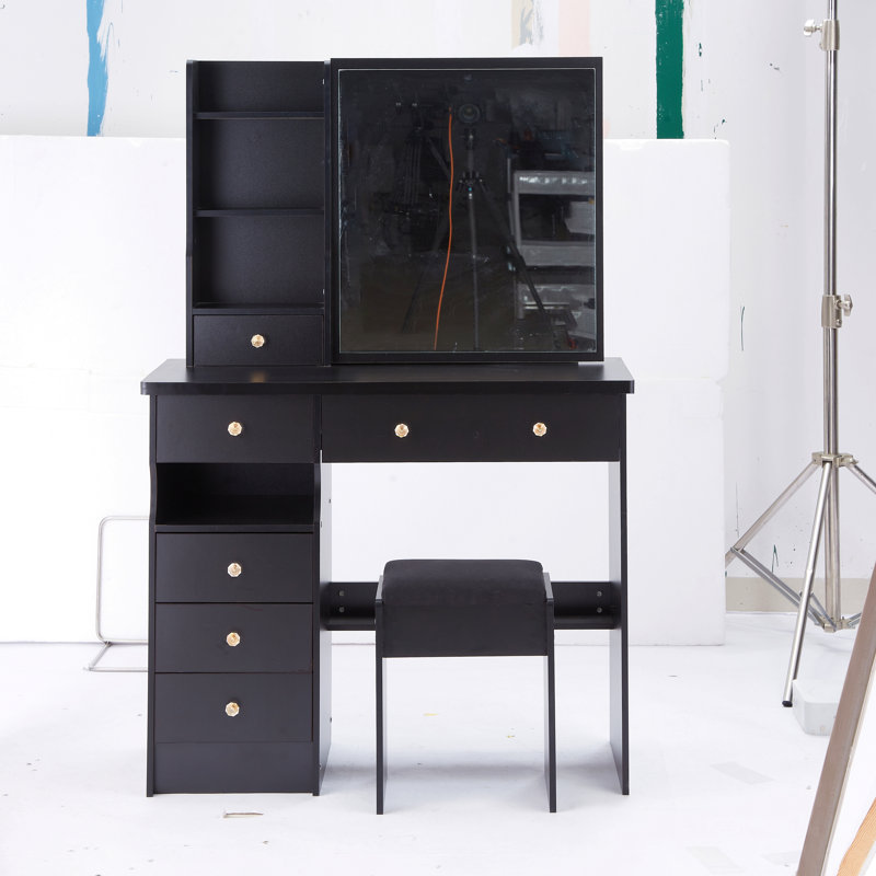 37" Left Drawer Desktop Makeup Vanity Table + Cushioned Stool, Extra Large Right Sliding Mirror, Multi Layer High Capacity Storage, Practical Fashionable Makeup Dressing Set
