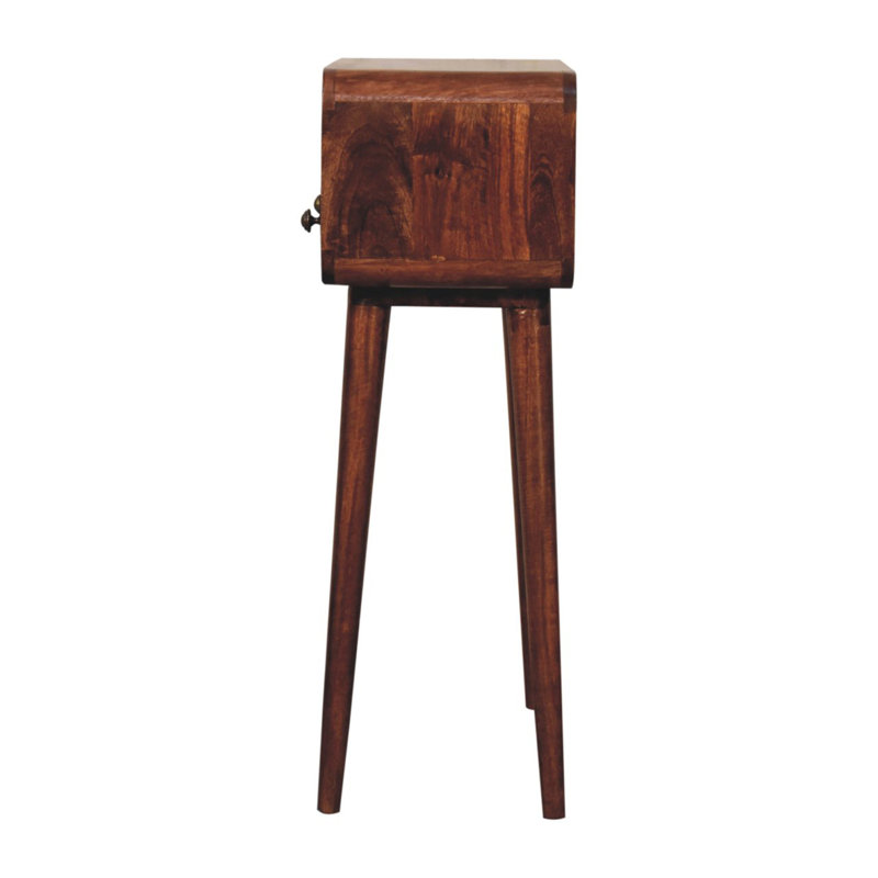 Mini console en bois incurvé caramel miel, 2 tiroirs, fente ouverte, pieds nordiques, brun