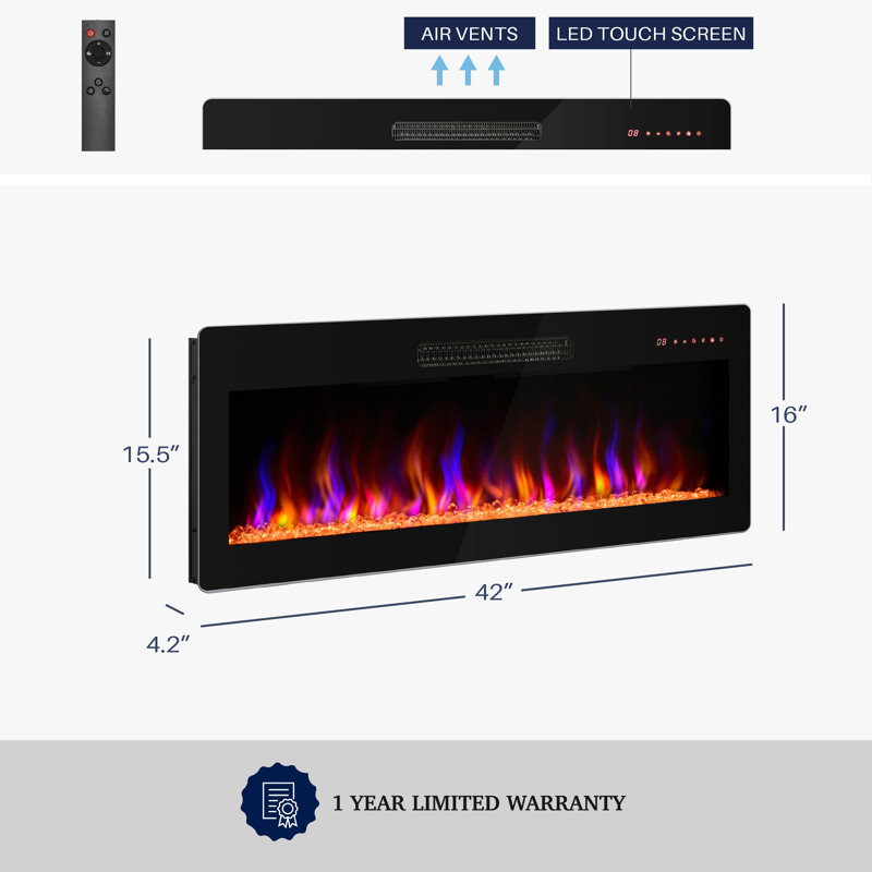 Beckemeyer Symple Stuff Black Electric Fireplace, 16" H x 42" W x 4.2" D