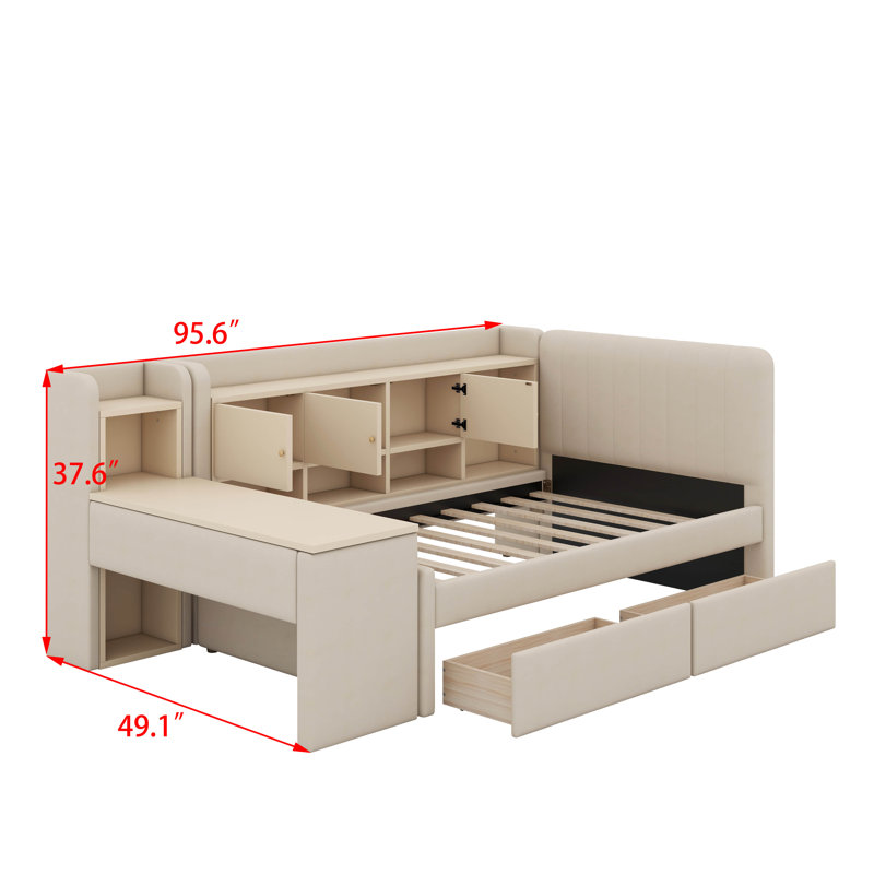 Lit de jour simple rembourré avec tiroirs, tablettes et table d'appoint, Beige