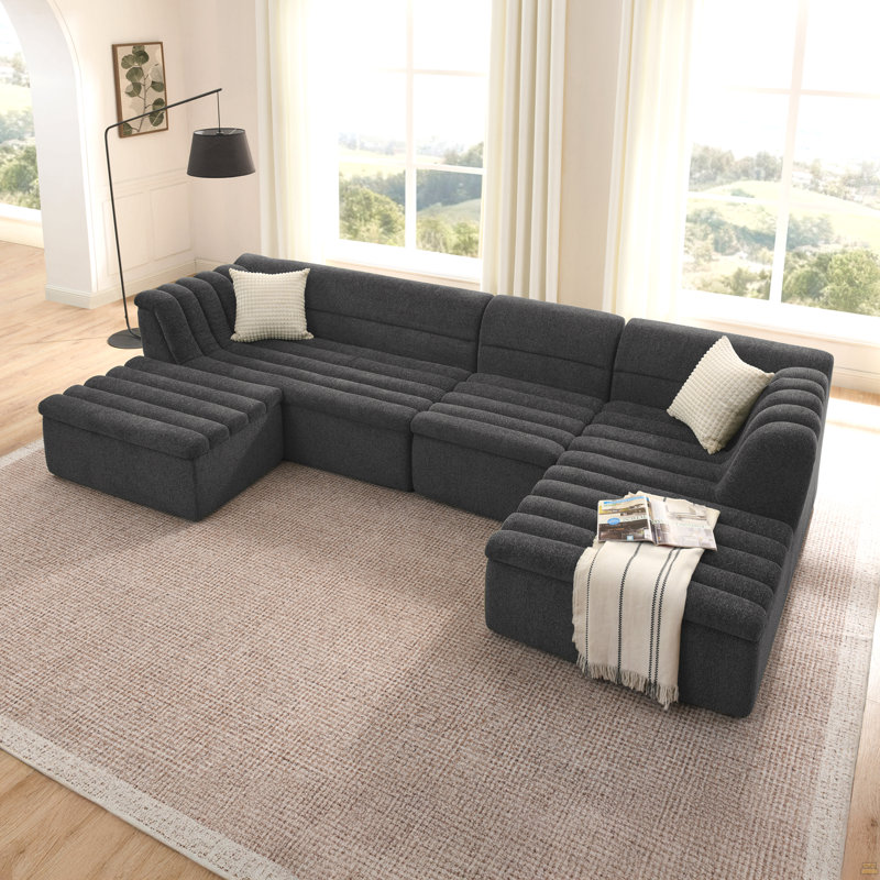 135" U-Shaped Modular Sectional Sofa With Chaise And Movable Ottoman, Black Chenille