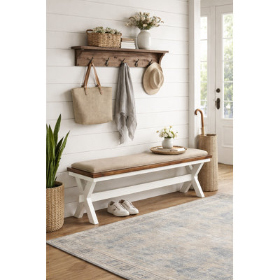 Wakefield Cottage X-Leg Linen Upholstered Wood Bench, Distressed White & Walnut