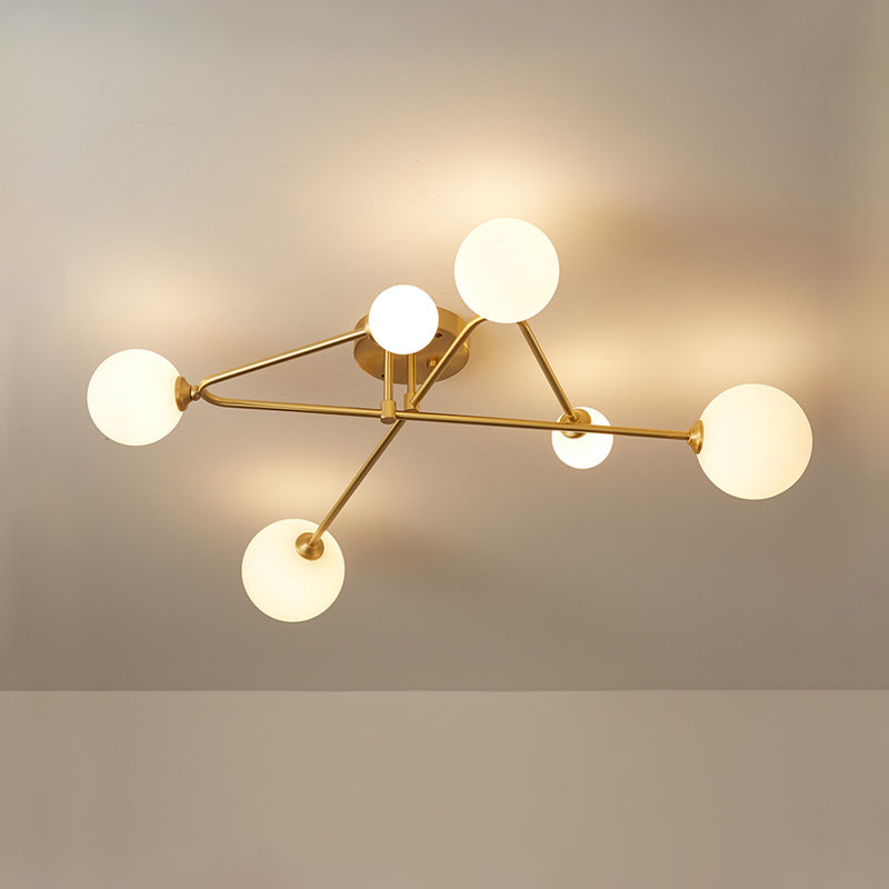 Antinique 6-Light 86cm Modern Copper Glass Globe Sputnik Semi Flush Mount, Brass, Opal Glass