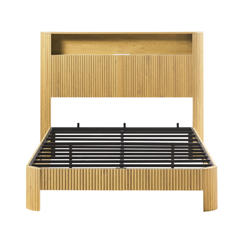 Structure de lit plateforme avec tête de lit avec rangement, Naturel, Lit double