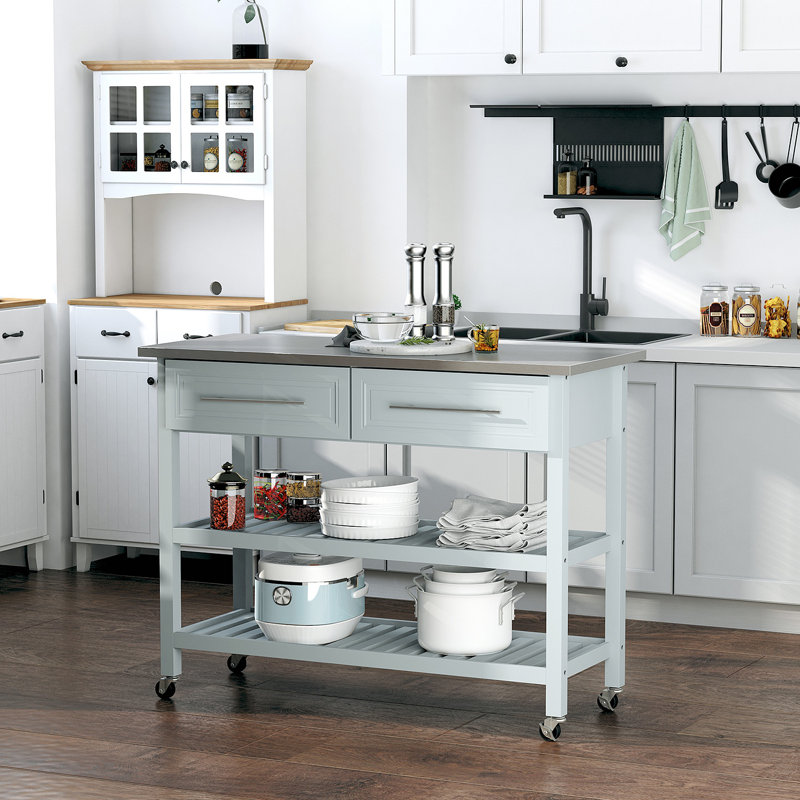 Îlot de cuisine avec plateau en acier inoxydable, îlot de cuisine traditionnel avec rangement, 2 tablettes ouvertes à niveaux, gris clair HOMcom