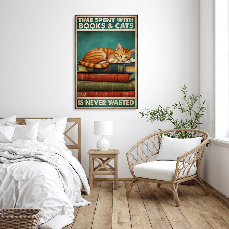Temps passé avec des livres et des chats sur toile, impression, H 36 po x l 24 po x P 1,25 po
