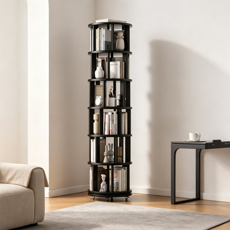 Tablette d'angle, tour de bibliothèque rotative en bois massif avec roulettes, Noir