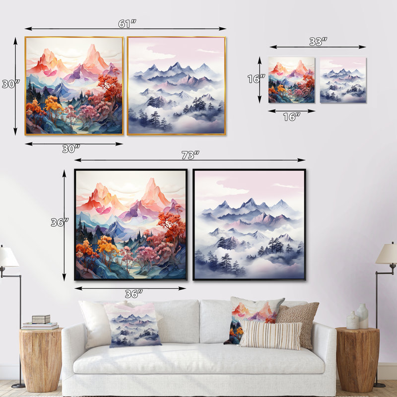 Majestic Mountain Views - Ensemble de 2 collages carrés, Cadre flottant noir, H 36 po x l 73 po