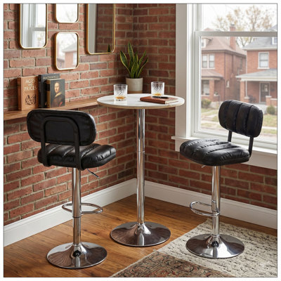 Ensemble de bar à hauteur réglable, table de pub ronde en marbre blanc avec pieds chromés et 2 tabourets de bar en cuir de polyuréthane rembourré noir avec fonction pivotante, ensemble bistro pour petits espaces