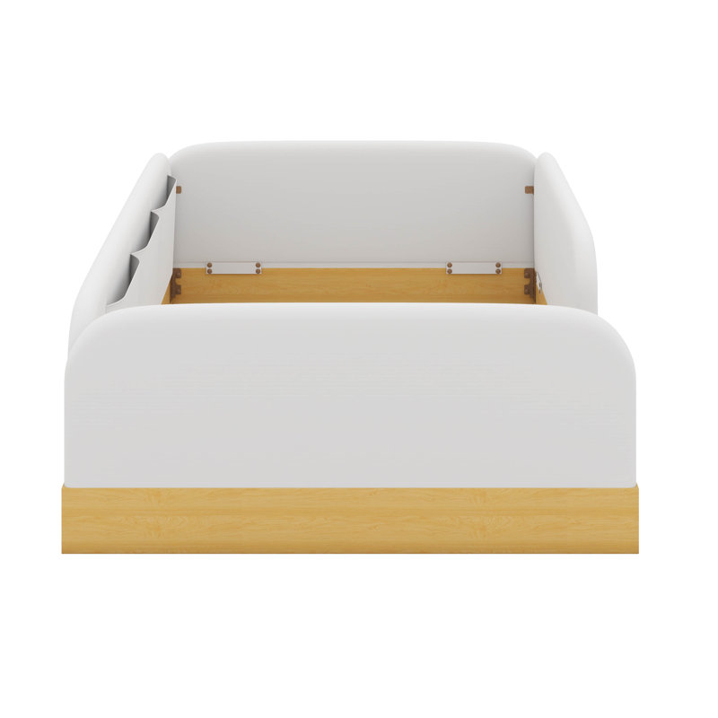 Twin Size Floor Bed, Velvet Upholstered Platform Bed With Side Storage Bags & Full-Length Guardrails