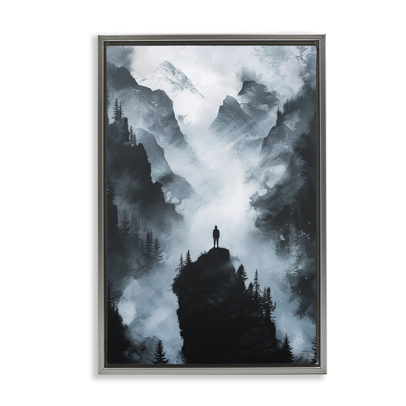 «Man on Intense Cliff» par RB, H 25 po x l 17 po, Cadre flottant gris lustré