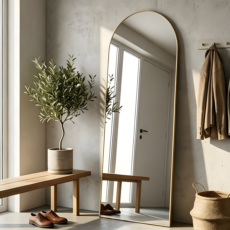Miroir pleine longueur, miroir de plancher arqué 56 po x 16 po avec support, miroir debout ou incliné doré pour la chambre à coucher, le salon