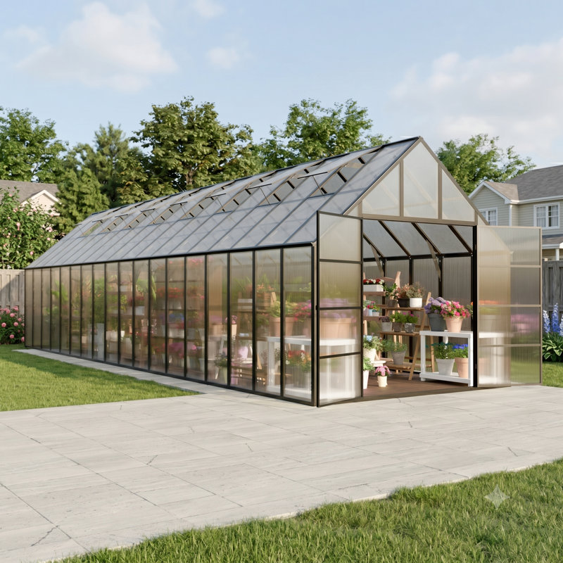 36X10 FT Walk-In Polycarbonate Greenhouse With Aluminum Frame, Lockable Door & Ventilation Window, Green House For Outdoors