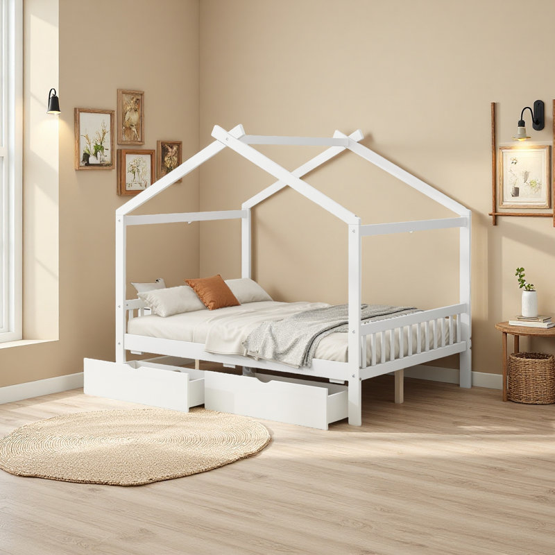 Lit plateforme double pleine grandeur avec deux tiroirs, tête et pied de lit, toit, Blanc