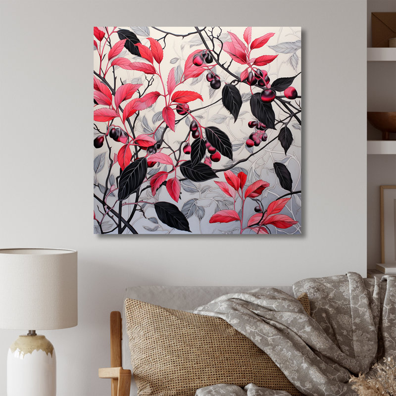 Feuilles botaniques rouges et noires minimalistes II, H 36 po x l 36 po x P 1,5 po, Toile tendue