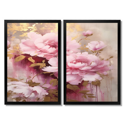 Pivoines roses et dorées dans un éclat - pivoines, art mural sur toile rose, ensemble de 2