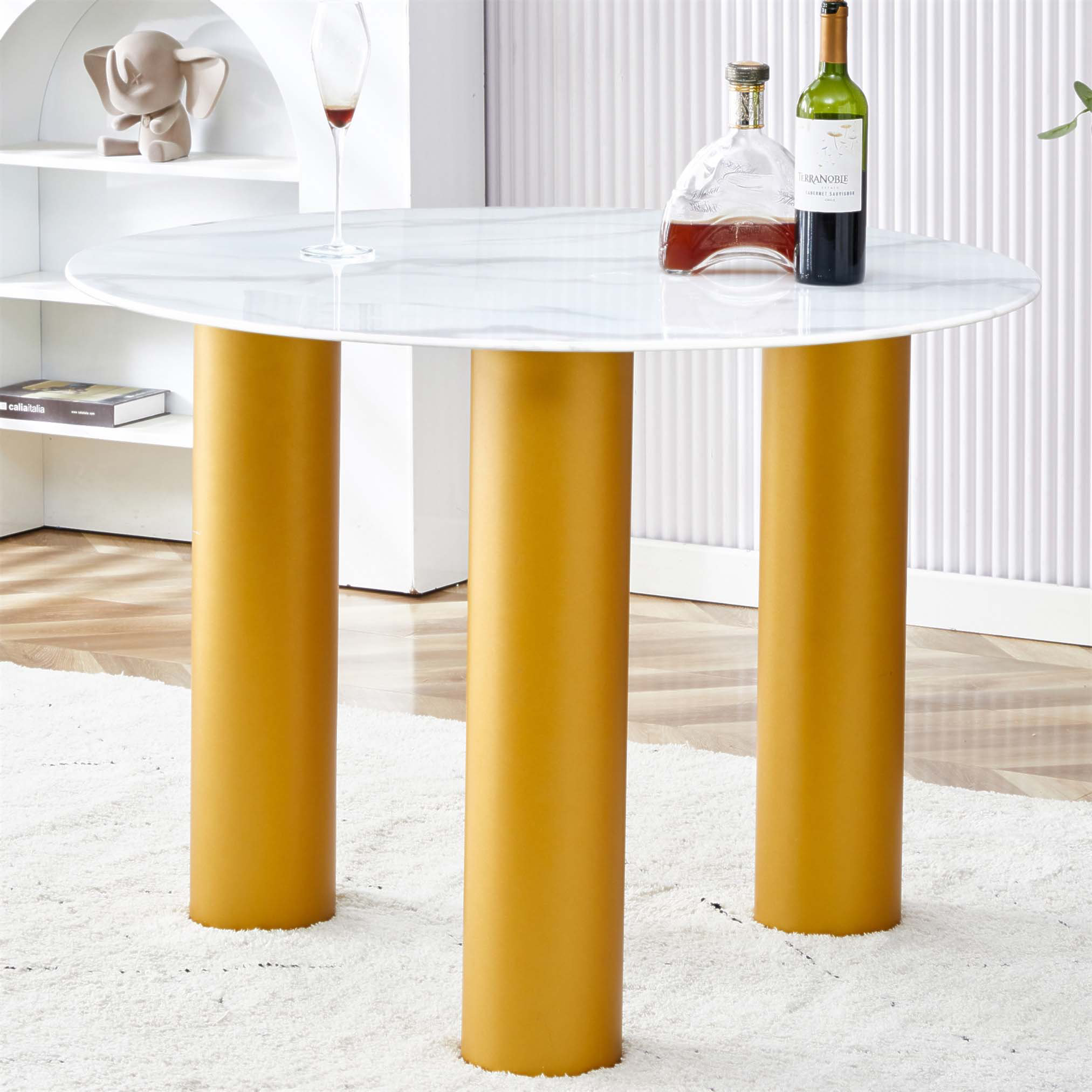 Mercer41 Round Dining Table With Artificial Marble Glass, Golden MDF ...