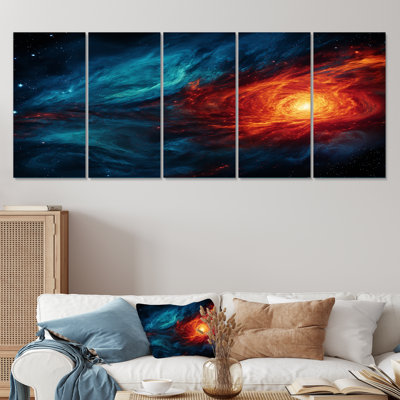 Bleu et orange, nébuleuse cosmique I - planètes, art mural 5 pièces pour le salon