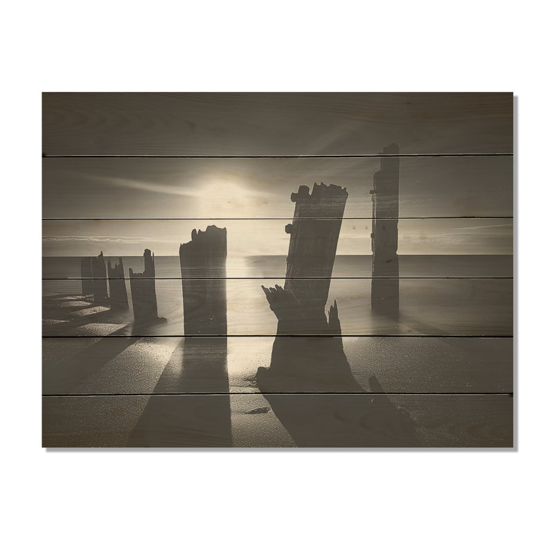 Monochrome Black And White Pier Horizon - Coastal Pier Wood Wall Art On Natural Pine Wood, 30" H x 40" W