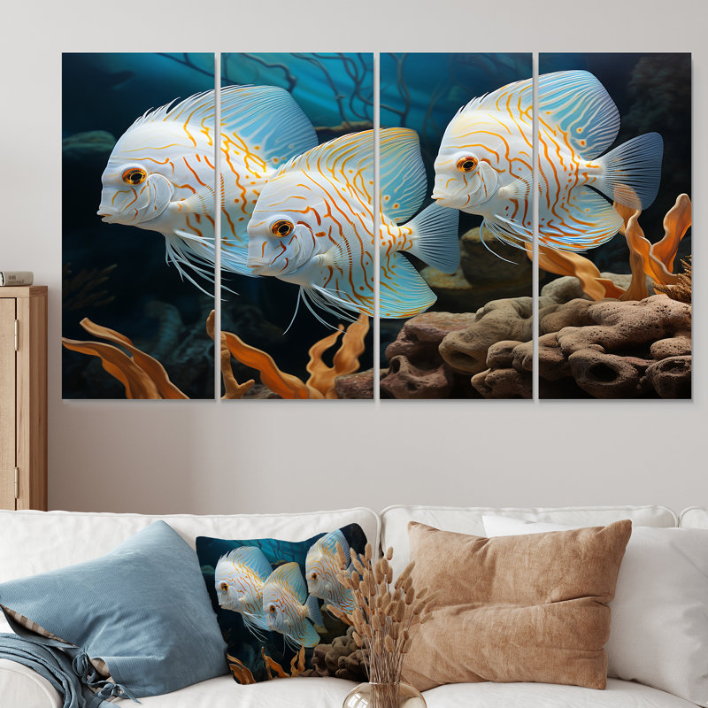 Art mural blanc et bleu, poisson papillon, pays des merveilles, 4 pièces, H 32 po x l 64 po