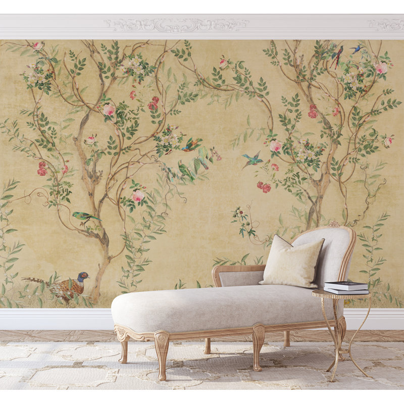 Swallows and Trees on Yellow Background Wallpaper