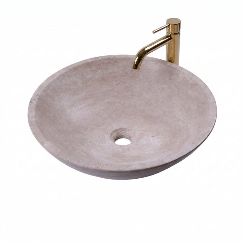 17 Inch Travertine Stone Bathroom Round Vessel Sink, Bowl Basin, Travertine