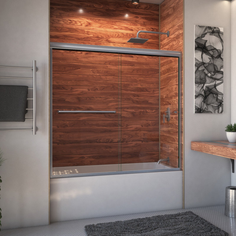Ete 72 in. W x 57.38 in. H Bypass Frameless Tub Door with Header and Clear Glass, Right Opening, Brushed Nickel