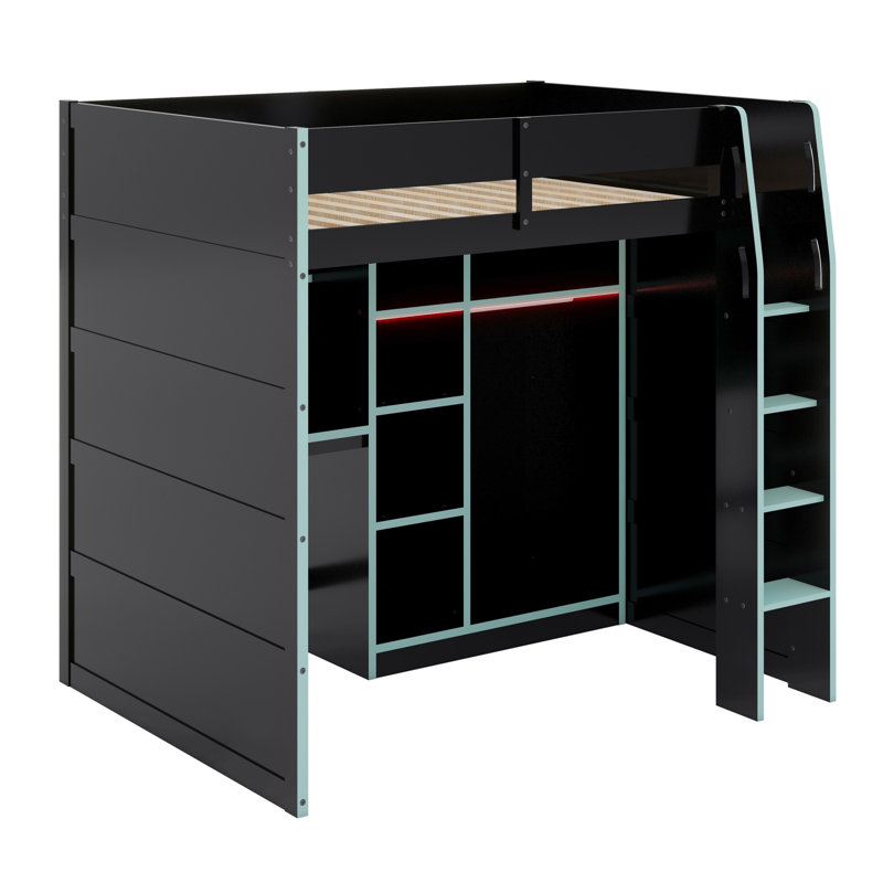 Wood Loft Bed With Desk,Open Wardrobe,Storage Compartments And RGB Lights, Cloud Blue
