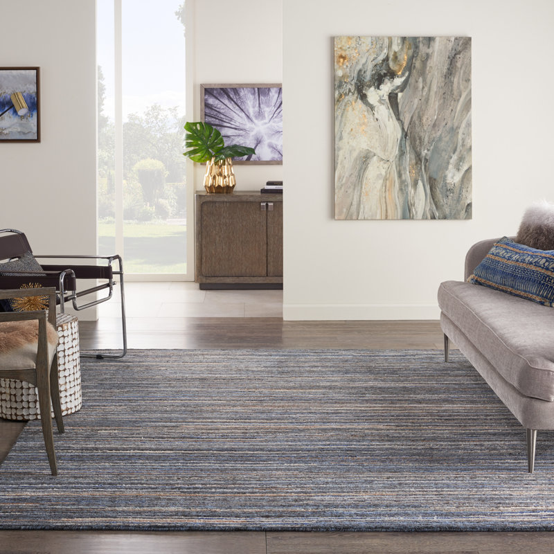 Tapis rayé bleu contemporain fait à la main Rennes, Rectangle 9 pi 9 po x 13 pi 9 po