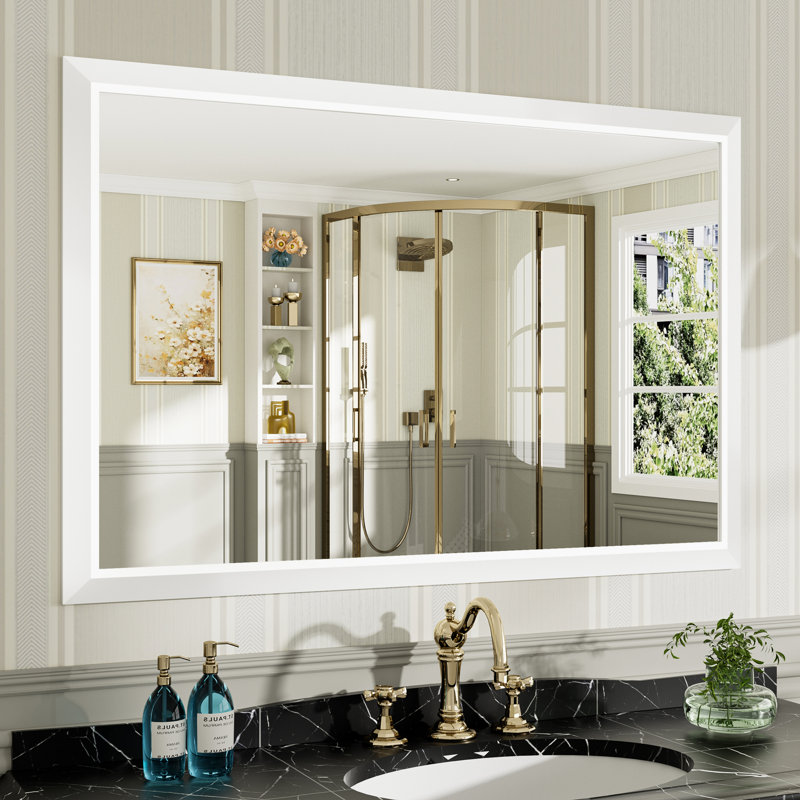 Miroirs de salle de bain modernes et contemporains en métal biseauté rectangulaire / carré avec verre trempé HD, Blanc