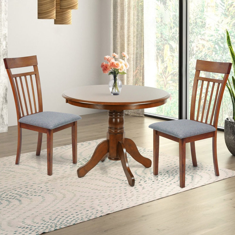 3 Piece Dining Table Set, 2 Classic Style Solid Wood Warm Chairs with Pedestal Round Dining Table, Kitchen Room Set, w Gray Cushions