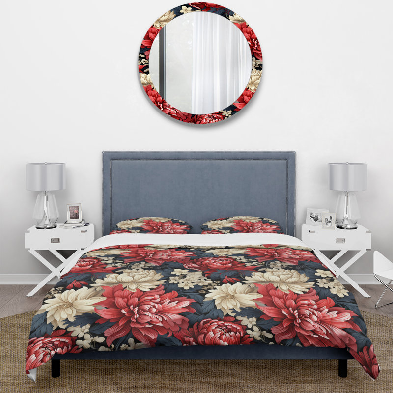 Mystic Red Damask Whispers Floral Duvet Cover, King Duvet Cover + 2 King Shams