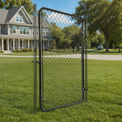 6FT H x 4FT W Black Chain Link Fence Gate with Round Frame, Hinge & Lock for Yard or Animal Enclosures, Fits 52 in. Openings