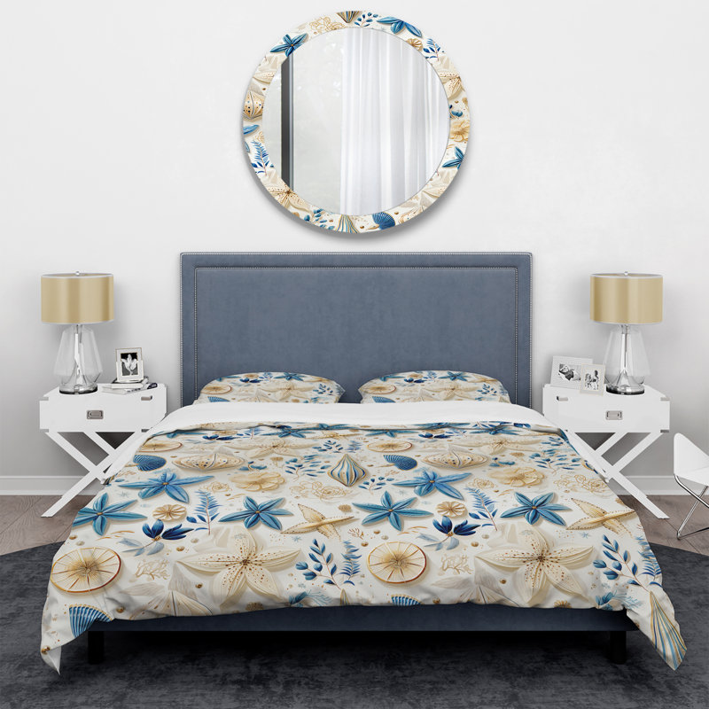 Ensemble de housse de couette bleu et blanc Coastal Retreat Seashells II, Housse de couette pour grand lit et 2 taies décor