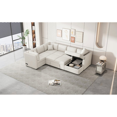 En U avec lit, méridienne et hublot de rangement, rangement modulaire beige, raccordement au lit,