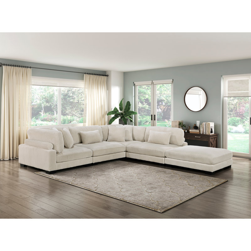 Canapé modulaire 5 pièces avec repose-pieds Sumekh, Velours côtelé beige