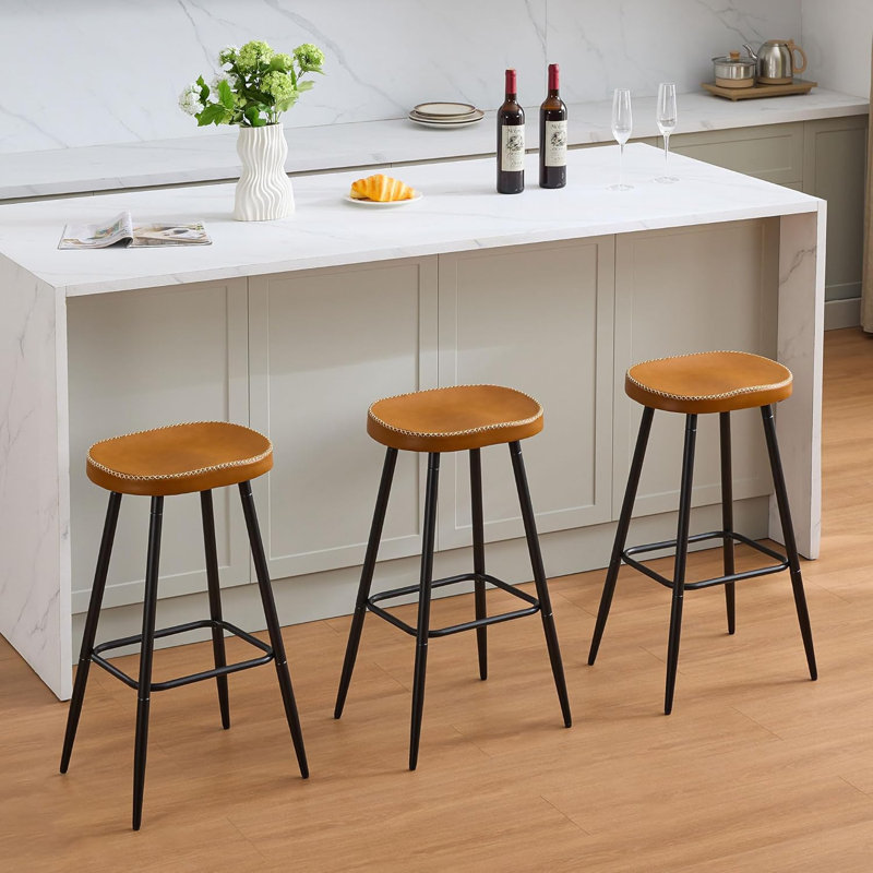 Tabourets de bar en simili cuir sans dossier pour îlot de cuisine (ensemble de 3), 3, Brun whisky