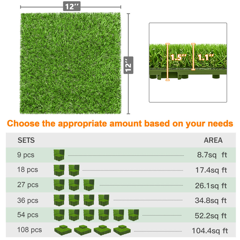 27 Pack Interlocking Artificial Grass Tiles - 12"x12" Artificial Lawrn Deck Flooring Turf