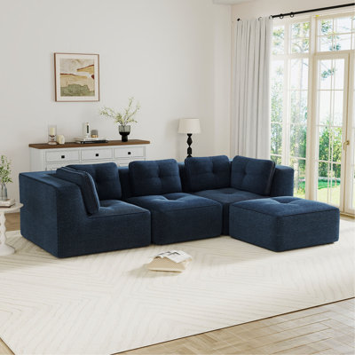 Canapé modulaire moderne pour le salon, tissu en velours côtelé, canapé 3 places avec assise profonde et repose-pieds mobile, passepoil perlé, conception capitonnée, sans assemblage, conception antidérapante